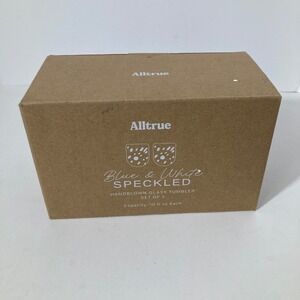 2 - Alltrue Blue White Speckled Handblown Glass Tumbler 10oz NOB